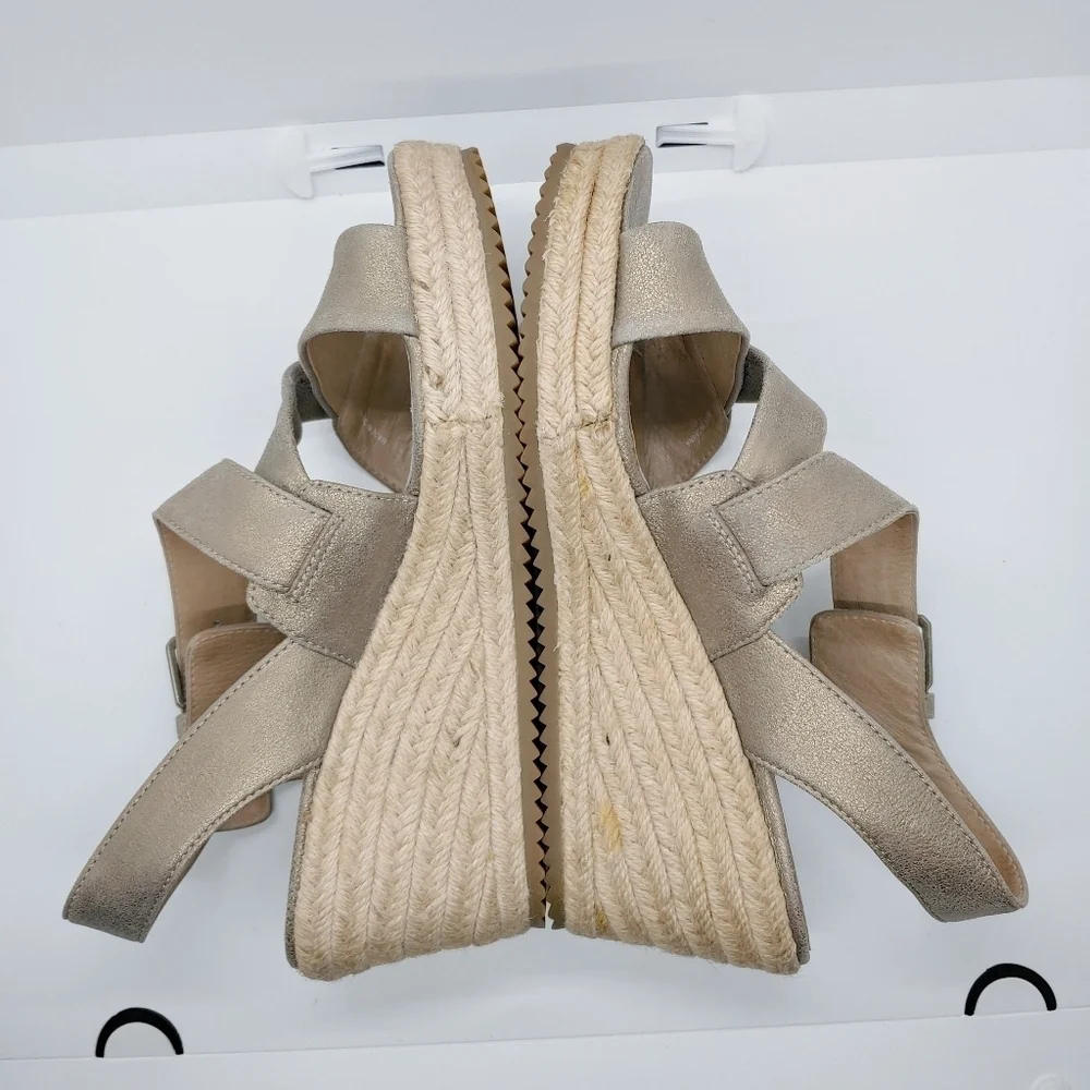 Eileen Fisher Beckon Metallic Suede Espadrille Wedge Sz 7.5 Asymmetrically Strap